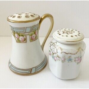Nippon Porcelain Sugar Shaker Salt Pepper Romantic Pink Blue Hand Paint Lot 2x